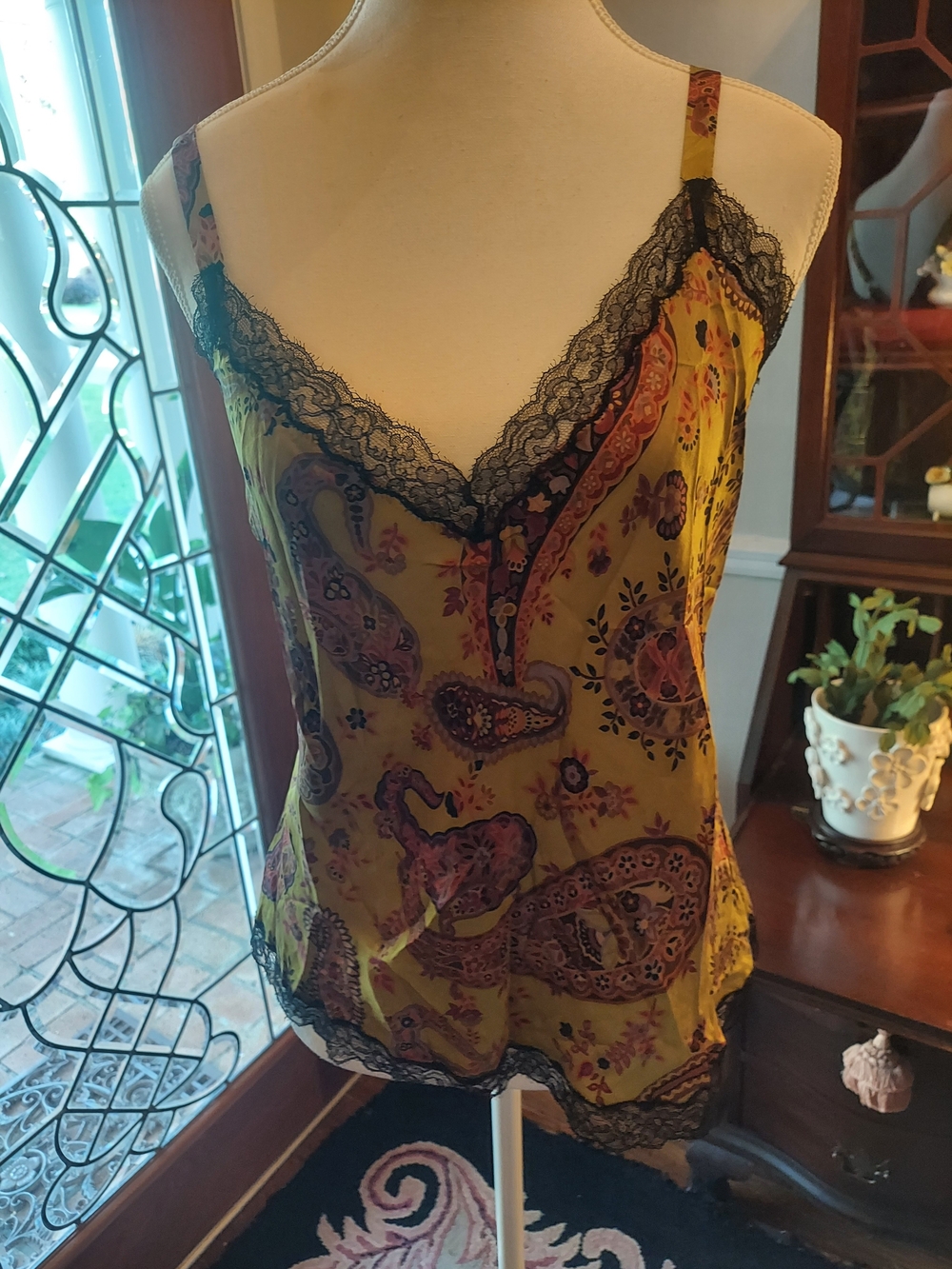 Dana Buchman Yellow Paisley Lace-Trim Camisole